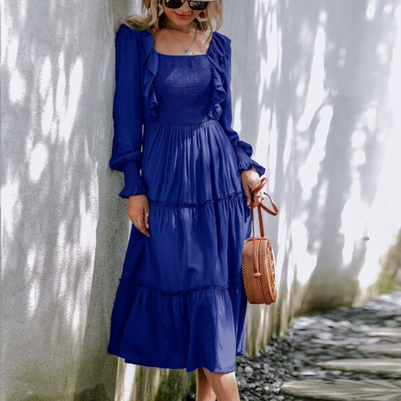 Boho Burgundy Red Ruffle A-line Midi Dress Minimalist - Picture 8 of 11